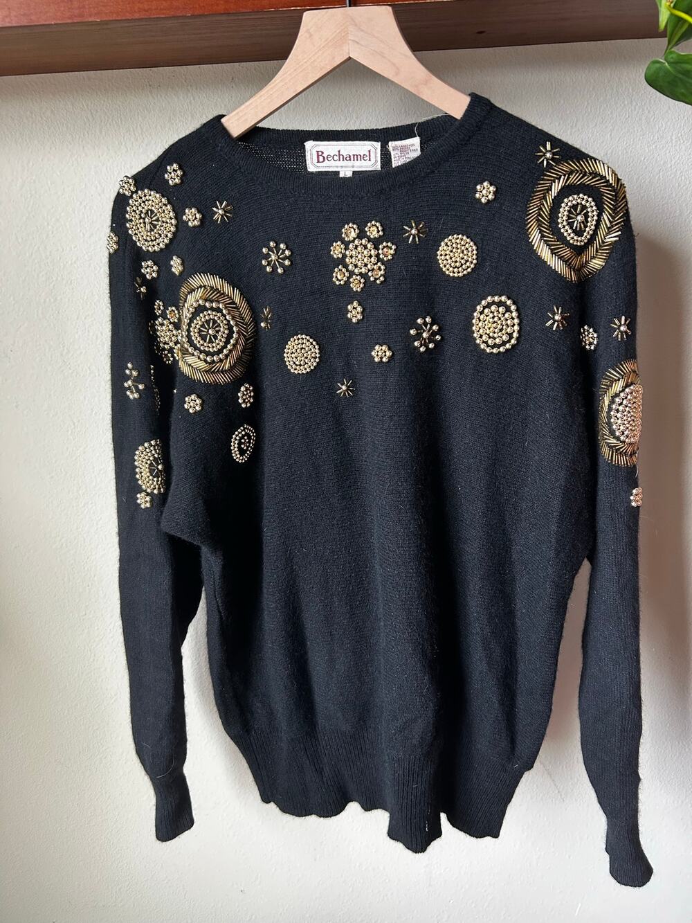 Vintage Béchamel Black Beaded Star Sequin Sweater Lambswool Angora Size L